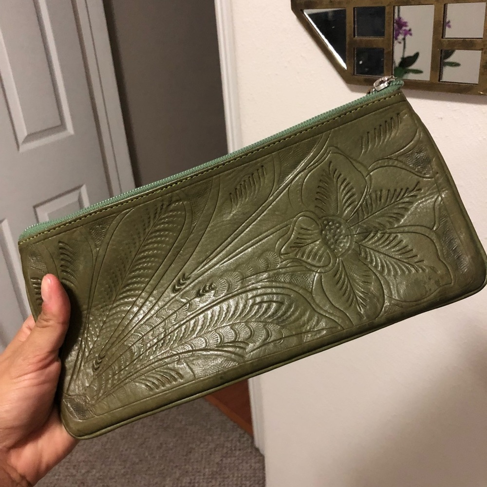 Dark army green leather clutch